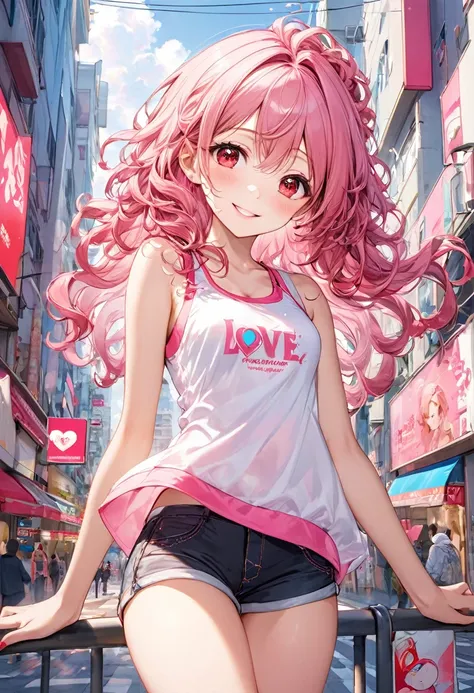 (pink style) (in a cute Tank top, Hot pants), (solo:2, 15 yo, curly:1.3 pink hair long hair lovely girl, cute red eyes, love smile), in the pop city, BREAK, perfect anatomy, masterpiece, best quality, 16k, beautiful detailed grow, daydreaming expression.