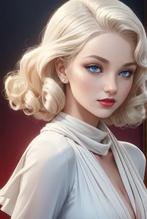 A digital painting or illustration of a woman with classic Hollywood glamour. She is portrayed with platinum blonde curls, bright blue eyes, striking red lipstick, and an elegant white blouse with a high neck scarf, evoking a sense of vintage fashion and t...