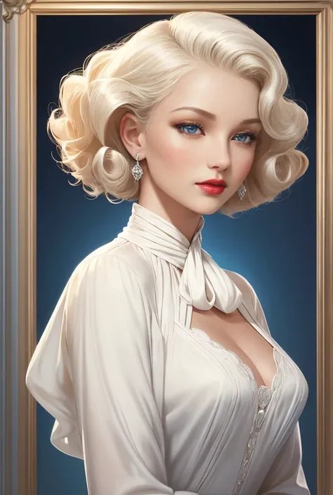 A digital painting or illustration of a woman with classic Hollywood glamour. She is portrayed with platinum blonde curls, bright blue eyes, striking red lipstick, and an elegant white blouse with a high neck scarf, evoking a sense of vintage fashion and t...