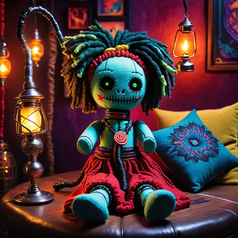 (knitted toy voodoo doll:1.5), (Voodoo in Hookah Lounge:1.3), (Clothing: relaxed attire:1.0), (Accessories: enchanted hookah pipe, glowing smoke rings:1.1), (background: cozy hookah lounge with floating cushions, glowing lanterns, and a relaxed ambiance:1....