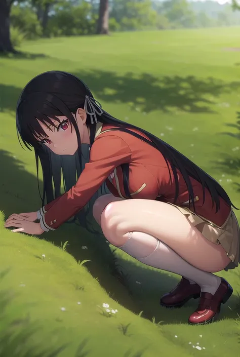 nsfw,Viewer Caution,suzune horikita, (Red eyes:1.3),Shade,Under the tree,in the forest,Show the whole body,look at the ground,face down,squat,Hold your knees,vagina,uniform,Red blazer,Hair Ribbon,thigh-high socks,genital,genital丸見え