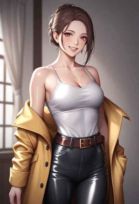 ((adult)), (woman), ((tall)), Elena From Library of ruina, masterpiece, best quality, dark aura, brown hair, ((updo hair)), (messy hair) ,dark red eyes, plain white shirt, Yellow coat, black pants, ((leather waist pack)), (faint smile), realistic anime sty...