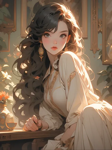 painting of a woman sitting on a bed in a room with flowers, by Yanjun Cheng, alphonse mucha and craig mullins, james jean and wlop, craig mullins alphonse mucha, by james jean, by James Jean, beeple and alphonse mucha, by Ross Tran, by Raymond Han, james ...