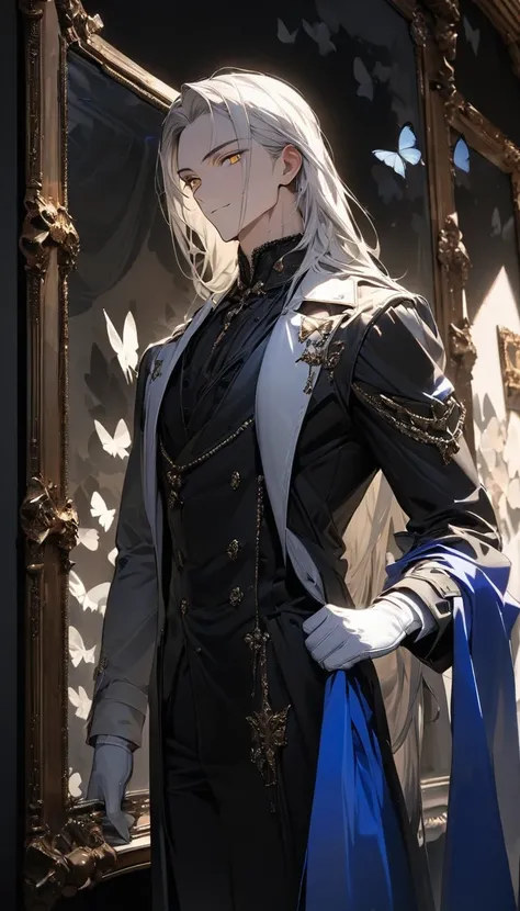 (masterpiece:1.5)，best quality，(1 Handsome man)，alone，white long length hair，(Golden eyes), (A soft smile)，elegant，perfect face，Long black trench coat，white and blue cloth，white leather gloves，white lining，Slightly muscular body，High，8K，Beautiful contrast ...