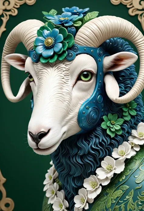 Mechanical sheep head，lifelike，Anthropomorphic sheep，Character setting，Ultra-detailed graphics，Delicate face，8K，magazine cover，Floral background decoration，Strong color contrast，Darker color，Blue, green and white