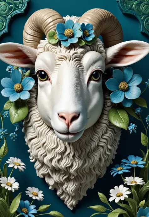 Mechanical sheep head，lifelike，Anthropomorphic sheep，Character setting，Ultra-detailed graphics，Delicate face，8K，magazine cover，Floral background decoration，Strong color contrast，Darker color，Blue, green and white