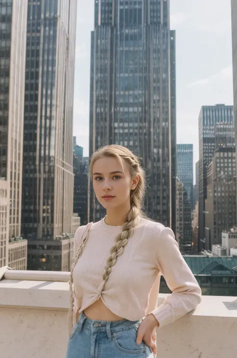 her name is Amelie, high quality, 1girl, ((20-year-old fit Caucasian woman)), ((20 years old)), ((fit)), ((Halo Braid)), pose: standing, wearing unique Generation-Z modern wear pastel colored pastel colored, BACKGROUND: On top of the Rockefeller Center, wi...