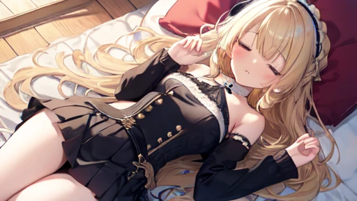 floor、Short skirt，Clothes with intricate details，pattern，Swimsuit，one person，blond，Sexy、Deep sleep、long hair、Stockings