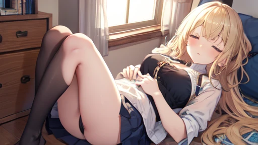 floor、Short skirt，Clothes with intricate details，pattern，Swimsuit，one person，blond，Sexy、Deep sleep、long hair、Stockings