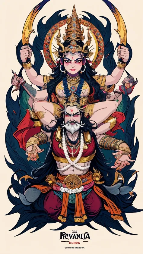 "Illustrate Ravana, a fierce demon king with multiple heads and arms, attempting to lift Mount Kailash with intense determination, while Lord Shiva and Parvati observe from above."