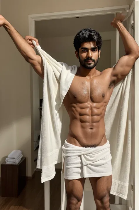 A Indian handsome boy standing shirtless with towel on his lower body, height of 5 feet with the weight of 50 kg, with medium long hairs