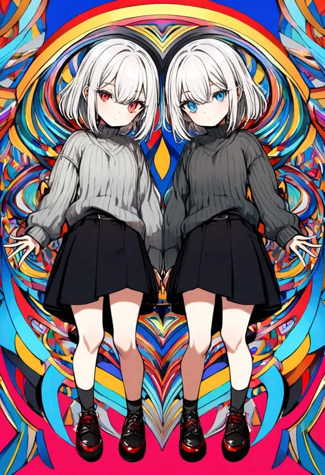  white hair girl with black skirt and gray sweater with one eye red the other blue and black shoes  