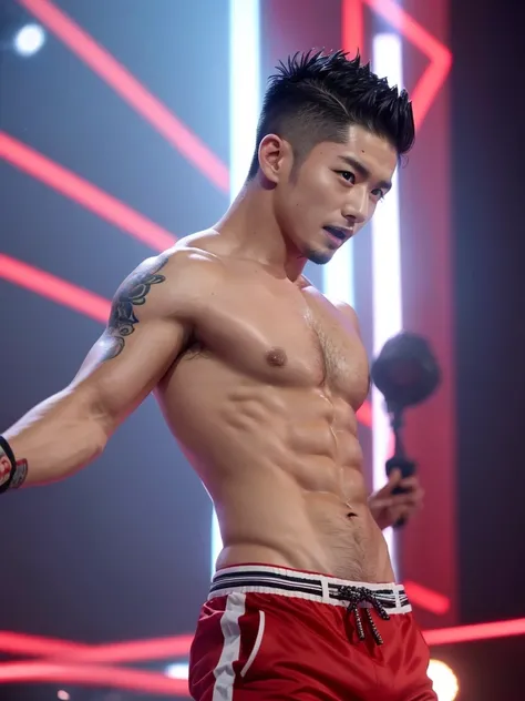 35 year old male idol, of Chinese-Japanese ethnicity, short hair shaved on the sides, with red tips, shirtless and marked abs, main vocalist and great dancer.