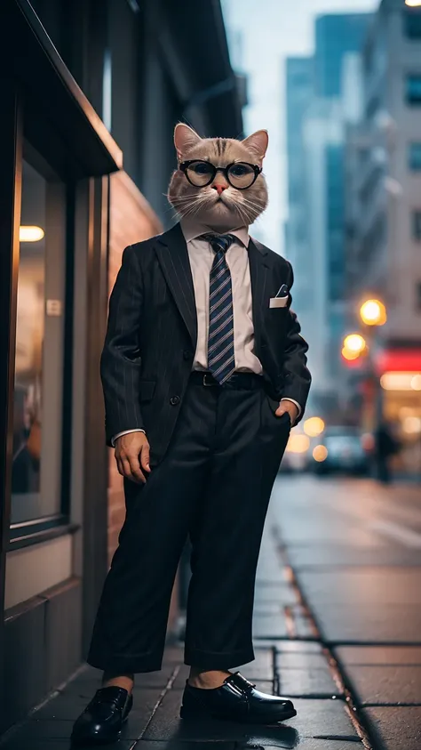 HDR, UHD,8K, highly detailed, realistic, photo-realistic:1.37), best quality, masterpiece, maomi, blurry background. Must be square-shaped, black-rimmed glasses.  ((shiny pinstripes stripes sharp suit with silk tie,)), glasses lenses are rectangular. highl...