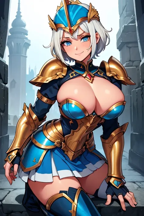 female, gold short hair, blue eyes, (((1girl))), (((gold and blue gladiator armor))), (white skirt), (black armors boots), (blue metal gauntlets), (gold and blue winged helmet), cute and sexy, full body, large breasts, large butt, long legs, smiling