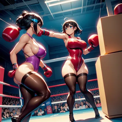 NSFW , In the Toy world , Small woman and big woman , Fullbody shot , Wear Monokini swimsuit with pantyhose , Female boxing Face to face, So huge breasts.