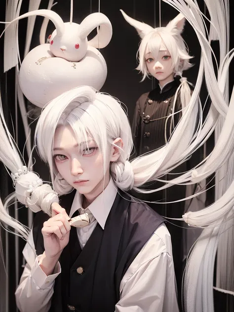 Dough Ötsutsuki. albino adult male. long white hair. pearl eyes. two small horns on the forehead. short left side fringe. are shirt. whole body. beautiful, friendly face 