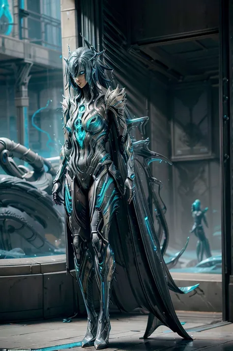 futuristic, warframe, character design, water-inspired, fluid, sleek, metallic, aquamarine color scheme, rippling textures, biom...