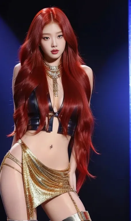 a close up of a woman With red hair wearing a leather outfit blue eyes, with long red hair, waist-length red hair, young beautiful amaranth, erza scarlet as a real person, amaranth, With red hair, she has long orange hair, redhead goddess, Jennie , Wonyoun...