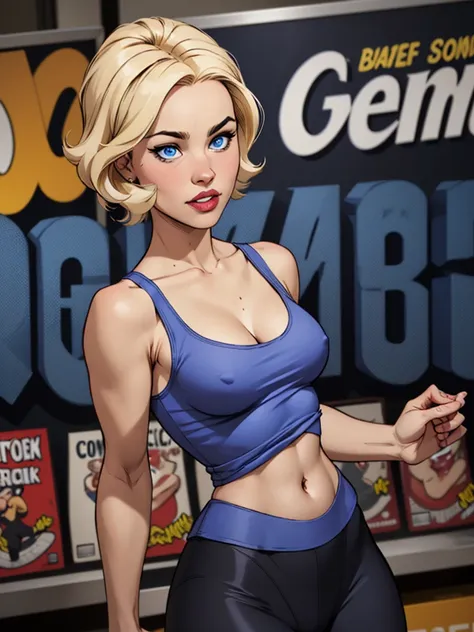 Young female, with blonde short hair, Blue eyes, wearing a tight blue tank top with a low neckline, Wearing black leggings that are tight to the body , comic style