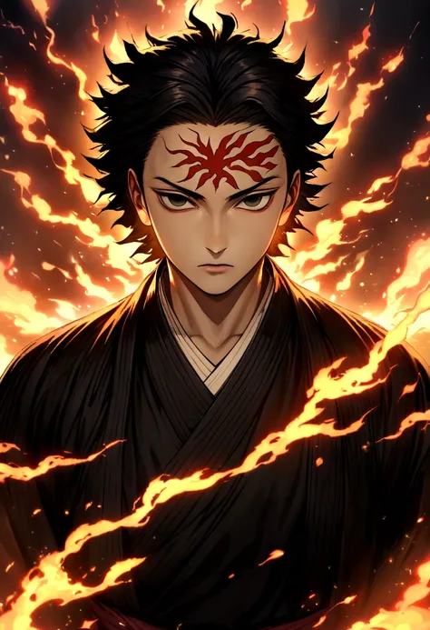 symmetrical, absurd, high resolution, ultra detailed, hdr, Artwork, extremely detailed face and eyes, Yoriichi, Kimetsu no Yaiba,,Black hair, , Alone, Man, handsome, mark on forehead , Black kimono, , Fight scene epic, fire red lightning effect, bright spa...