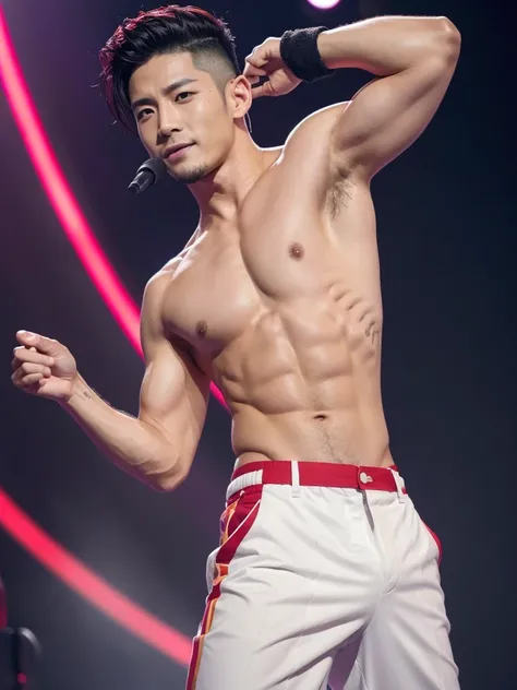 35 year old male idol, of Chinese-Japanese ethnicity, short hair shaved on the sides, with red tips, shirtless and marked abs, main vocalist and great dancer.