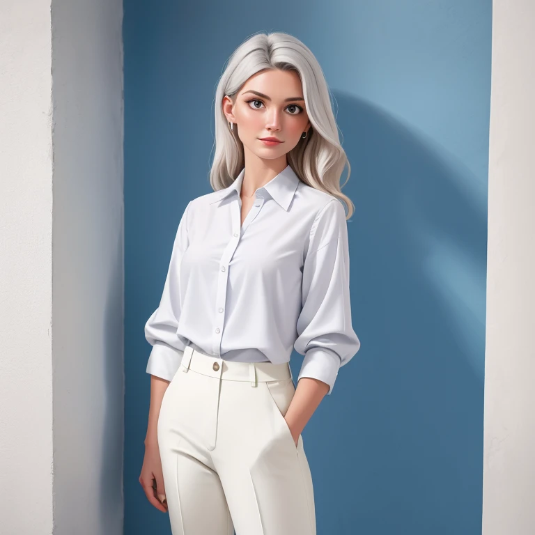 arafed woman in a white shirt and grey pants standing in front of a blue wall, kirsi salonen, magdalena andersson, wearing a blouse, magdalena radziej, wearing a white blouse, moleksandra shchaslyva, niele toroni, photo of džesika devic, serena malyon