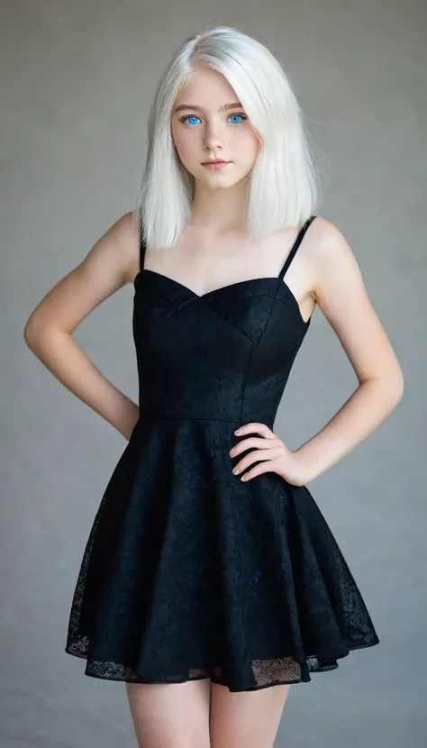 Very beautiful 15 year old girl, with white hair and white skin and blue eyes with a short black dress that shows her full body 