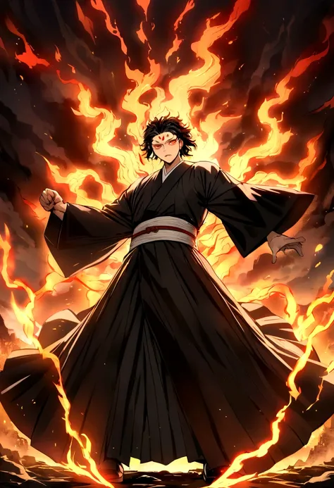 Symmetrical,absurderes, high resolution, ultra detaild, hdr, work of art, extremly detailed face and eyes, Yoriichi Tsugikuni, Kimetsu no Yaiba,,Bblack hair , , standing alone, naughty man, bonitas,forehead mark ,black kimono, , epic fight scene,fire red l...