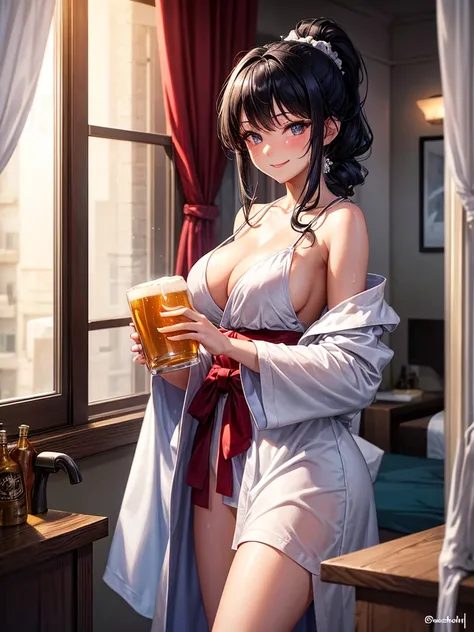 Highest quality,Highest Resolution,Beautiful girl in a gown bathrobe drinking beer from a mug with a smile,Bedroom,Night view outside the window,Big Breasts,Very beautiful eyes,Black hair ponytail,Standing posture,whole body,sweat profusely,