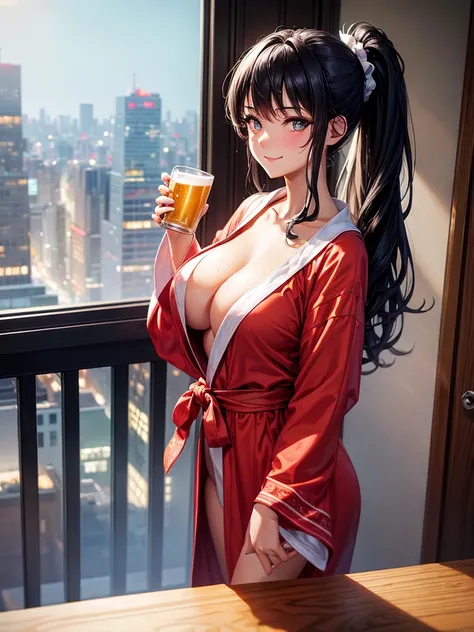 Highest quality,Highest Resolution,Beautiful girl in a gown bathrobe drinking beer from a mug with a smile,Bedroom,Night view outside the window,Big Breasts,Very beautiful eyes,Black hair ponytail,Standing posture,whole body,sweat profusely,