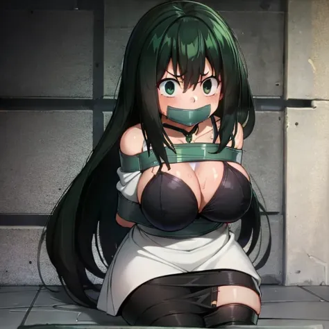 best quality, (masterpiece:1.2), highly detailed,
Dungeon background, 
1girl, solo, 
asui_tsuyu, annoyed, nervous
Sitting, looking at the viewer, mouth gagged, mouth taped, 
Green eyes, dark green hair, long hair, 
Black underwear, bandages on breast, huge...