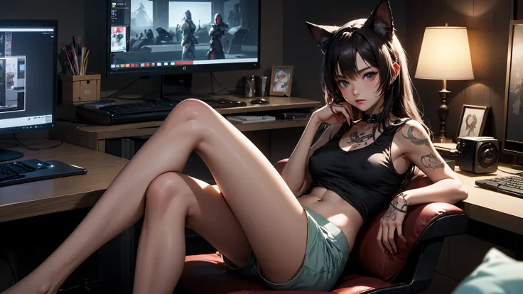 Create a high-quality, detailed image of a beautiful, anime gamer girl with tattoos and long hair, and small cat ears, sitting at her gaming PC in her gaming room. She is wearing a see through tank top, barely showing her nipples, and sleep shorts, showing...