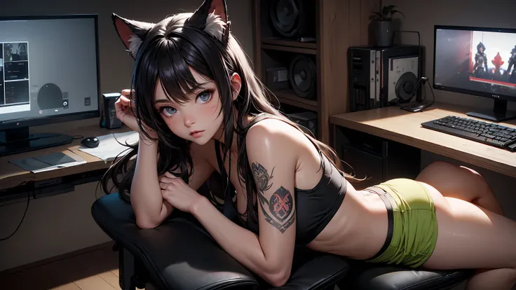 Create a high-quality, detailed image of a beautiful, anime gamer girl with tattoos and long hair, and small cat ears, sitting at her gaming PC in her gaming room. She is wearing a see through tank top, barely showing her nipples, and sleep shorts, showing...