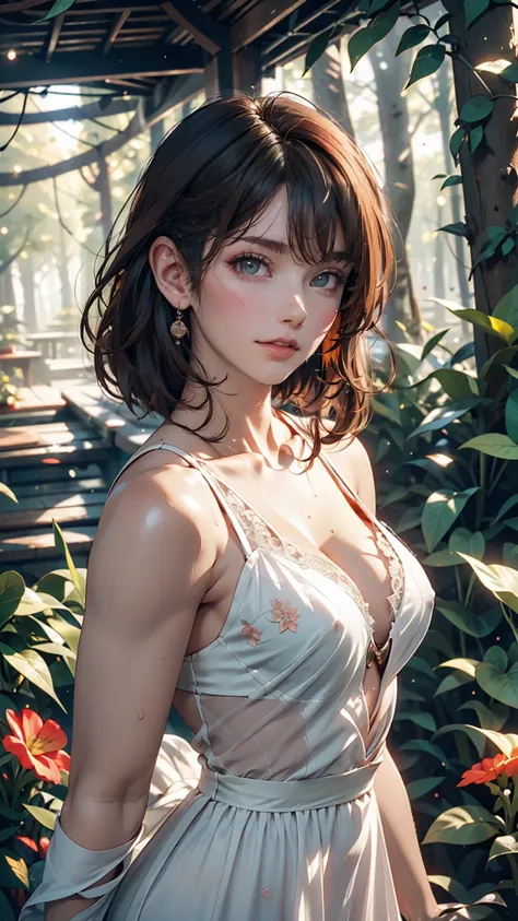 Cute woman in the drizzle, (elegant, Beautiful Face), A sheer, transparent white dress, Forest Moss, (freckles:0.8), Flower Field, , Curly Red Hair, Magical atmosphere, (short hair), ((Detailed skin, Skin Texture)), Ultra-detailed, (Exquisitely crafted, Fi...