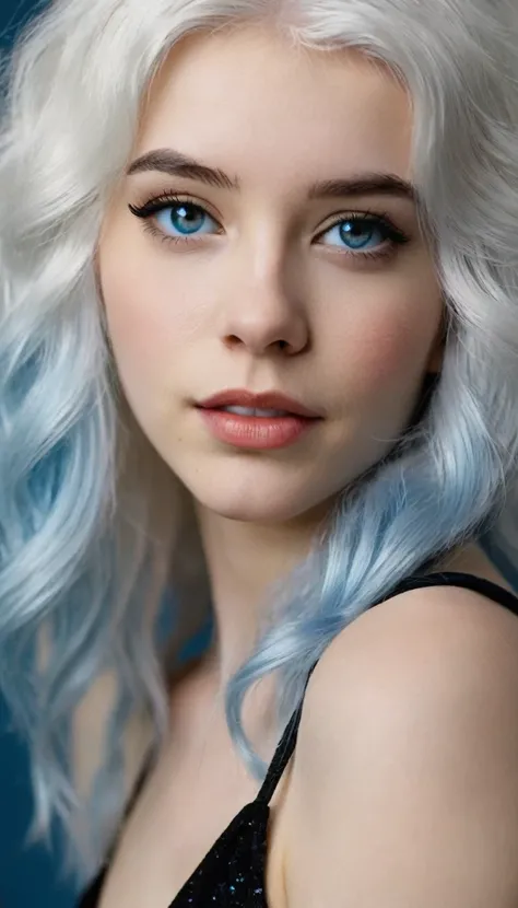 Very beautiful 15 year old girl, with white hair and white skin and blue eyes with a short black dress that shows her full body 