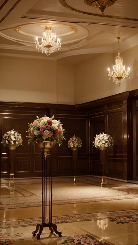 Floral paper ornaments adorning the elegant event hall, their vibrant colors and intricate designs adding a touch of whimsy and luxury to the sophisticated atmosphere. The hall, bathed in soft, ambient lighting, showcases a harmonious blend of opulence and...