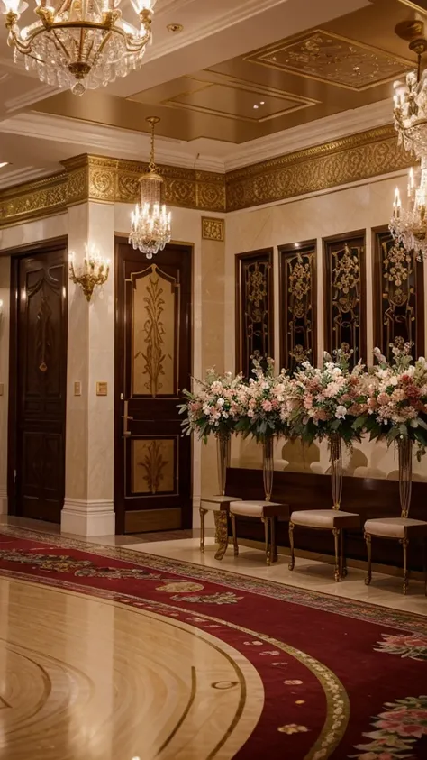 Floral paper ornaments adorning the elegant event hall, their vibrant colors and intricate designs adding a touch of whimsy and luxury to the sophisticated atmosphere. The hall, bathed in soft, ambient lighting, showcases a harmonious blend of opulence and...