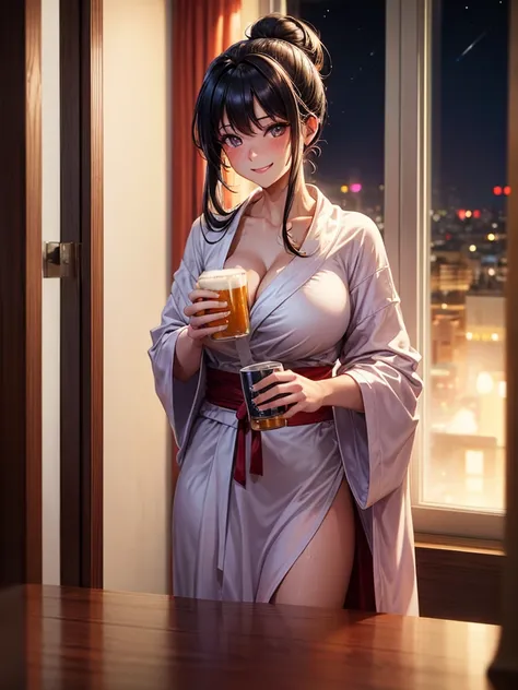 Highest quality,Highest Resolution,Beautiful girl in a gown bathrobe drinking beer from a mug with a smile,Bedroom,Night view outside the window,Big Breasts,Very beautiful eyes,Black hair ponytail,Standing posture,whole body,sweat profusely,