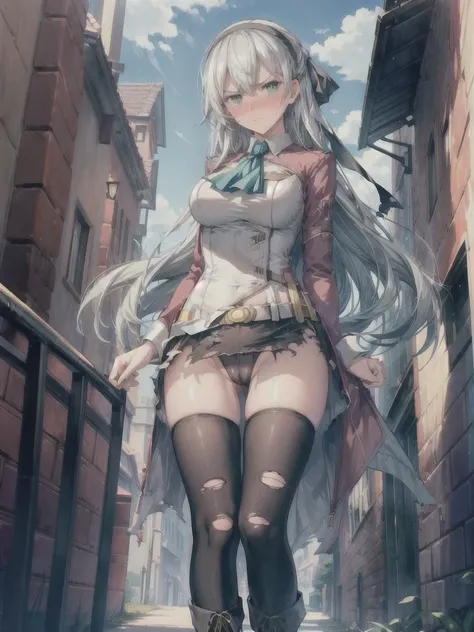 (masterpiece, highest quality, perfect anatomy, textile shading, gleaming skin, detailed skin)BREAK, 
elie macdowell, green eyes, hairband, blue ascot, hair ribbon, long sleeves, belt, pantyhose, white boots, Large Breasts, 
View your viewers, 
City Street...