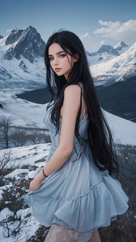 spellbinding viewing , beautiful black hair, blue eyes , beautiful face,  sweet lips, a romantic landscape in the background ,8kfelbonras , excellent quality