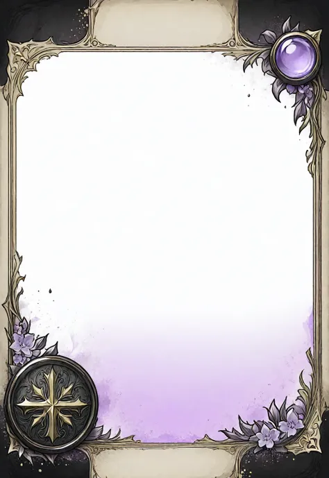 A card border UI，Medieval European fantasy style，Suspense style，Profile Style。Leave a square blank space in the middle，Parchment backing，There are blood stains on it。Black and White、yellowish、Lilac main color。