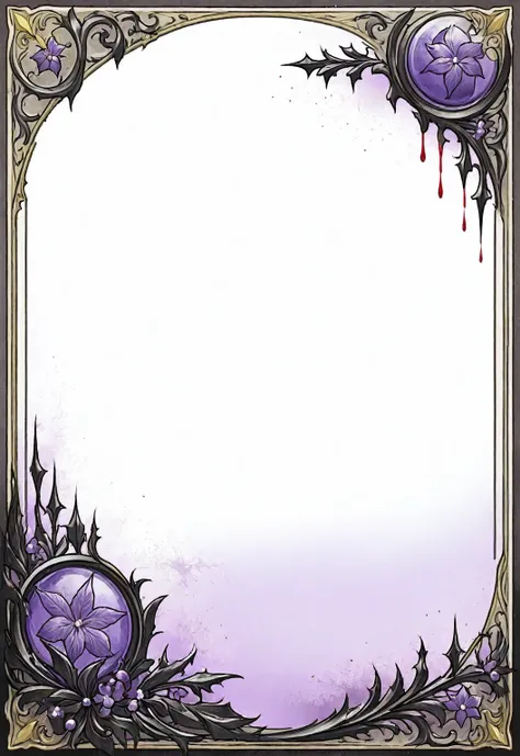 A card border UI，Medieval European fantasy style，Suspense style，Profile Style。Leave a square blank space in the middle，Parchment backing，There are blood stains on it。Black and White、yellowish、Lilac main color。