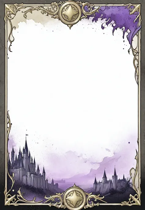 A card border UI，Medieval European fantasy style，Suspense style，Profile Style。Leave a square blank space in the middle，Parchment backing，There are blood stains on it。Black and White、yellowish、Lilac main color。