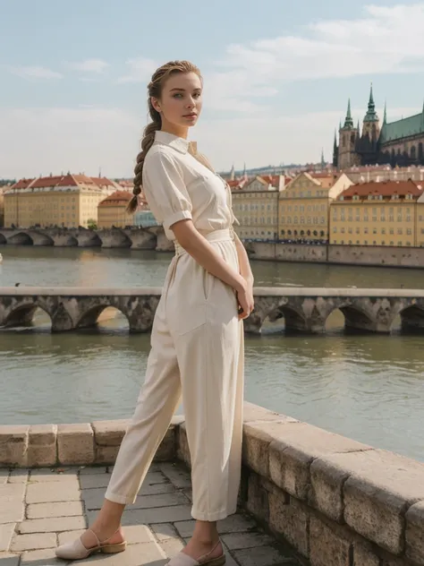 her name is Amelie, high quality, 1girl, ((20-year-old fit Caucasian woman)), ((20 years old)), ((fit)), ((Halo Braid)), pose: standing, wearing unique Generation-Z modern wear pastel colored, BACKGROUND: On the Charles Bridge, with its Gothic statues and ...