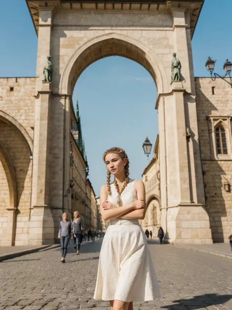 her name is Amelie, high quality, 1girl, ((20-year-old fit Caucasian woman)), ((20 years old)), ((fit)), ((Halo Braid)), pose: standing, wearing unique Generation-Z modern wear pastel colored, BACKGROUND: On the Charles Bridge, with its Gothic statues and ...