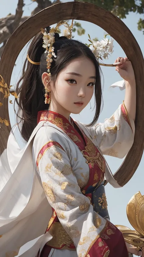 A girl, ancient Chinese costume, whole body, sunshine, clear face, clean white background, masterpiece, super detail, epic composition, ultra HD, high quality, extremely detailed, official art, uniform 8k wallpaper, super detail, 32k