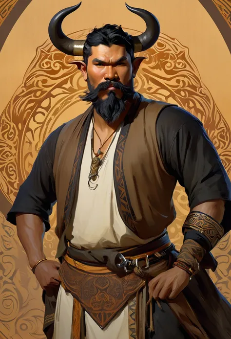 half man half asian black bull, tribal, caramel short hair, beard,, concept art, d&d, matte painting, in the style of greg rutko...