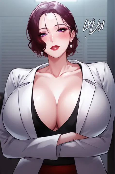 Hot sexy beautiful  milf, fat old man in office cabin ,tank top,black pencil skirt, silver chandelier earrings,big breasts,  lipstick,makeup, black,two falling hair strands,blush,short hair , glasses , purple eyes