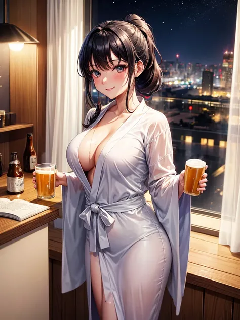 Highest quality,Highest Resolution,Beautiful girl in a gown bathrobe drinking beer from a mug with a smile,Bedroom,Night view outside the window,Big Breasts,Very beautiful eyes,Black hair ponytail,Standing posture,whole body,sweat profusely,